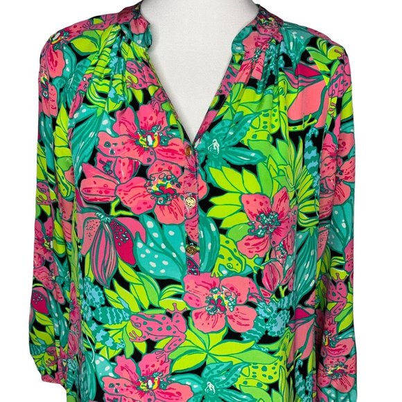Lilly Pulitzer Skip On It Elza Top Blouse Size Medium 100% Silk Frogs Floral - Picture 2 of 7